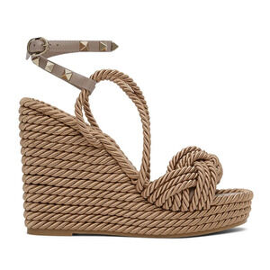 Valentino Rockstud Torchon Poudre Nude Cord Rope Wedge Ankle Strap Sandal 41